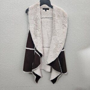 ROMEO & JULIET Women's Small Vest Casual Drape Open Front Brown & Cream Faux Fur